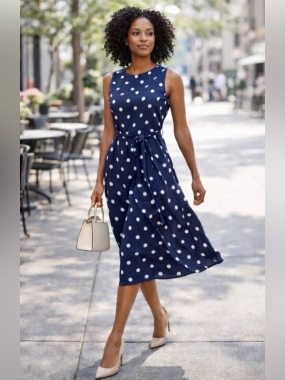 Anne Klein Polka Dot Sleeveless Midi Fit & Flare Belted Dress 16